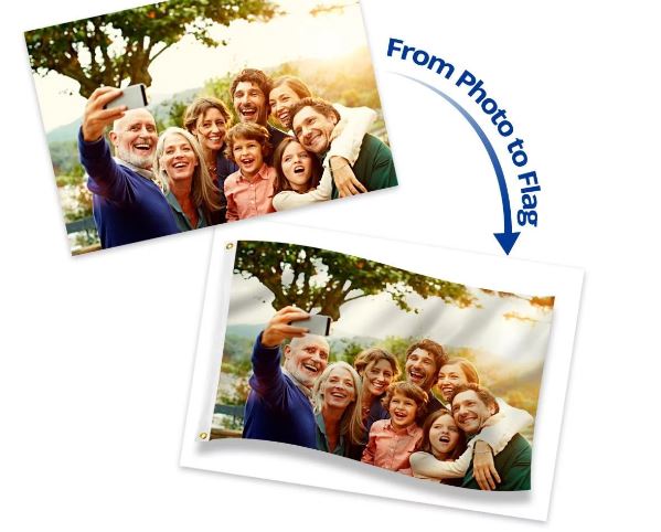 Load image into Gallery viewer, Custom printed double-sided polyester flag advertisement showing the transformation "From Photo to Flag," featuring a digital image of a family selfie next to the final printed flag product.
