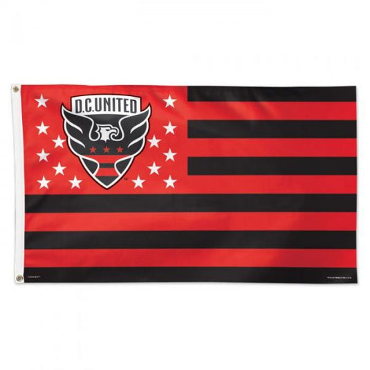 Deluxe 3x5 D.C. United Patriotic Americana MLS Flag, featuring a design inspired by the US flag with red and black horizontal stripes and the team's crest surrounded by white stars in the canton.