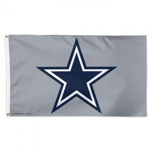 Deluxe 3x5 Dallas Cowboys NFL Sport Flag on a silver/grey field, featuring the team's iconic, centered navy blue five-pointed star with a white outline.