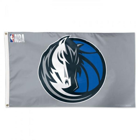 Deluxe 3x5 Dallas Mavericks NBA Sport Flag (Design Two) on a grey field, centered with the logo featuring a stylized horse head over a blue basketball.