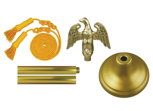 Deluxe indoor flagpole mounting set featuring a gold eagle finial, a gold cord and tassel set, a weighted gold floor base, and sections of gold anodized aluminum pole (8-foot, 1-1/8 inch diameter).