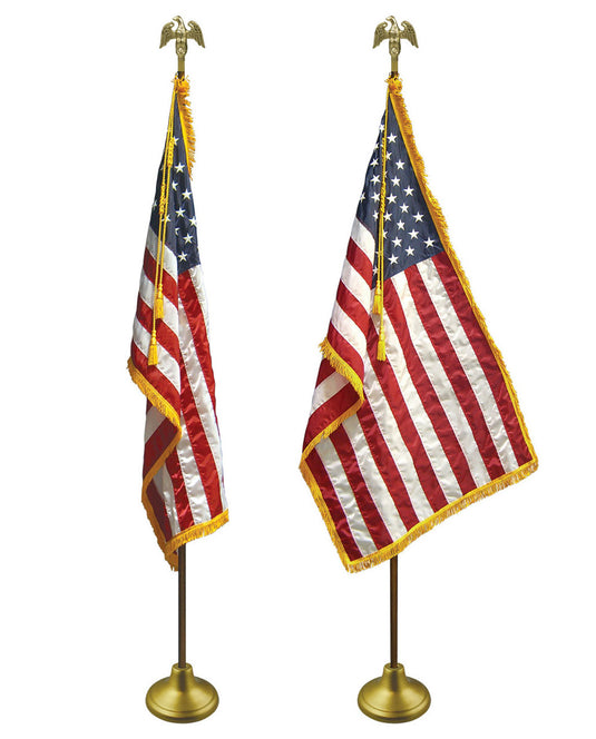 Dual view of the Deluxe U.S. Indoor Flagpole and Flag Set, displaying two identical, assembled sets with the fringed American flag and gold eagle topper.
