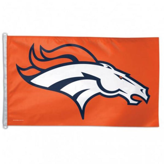 Deluxe 3x5 Denver Broncos NFL flag on a bright orange field, featuring the team's official logo of a white bucking horse head outlined in navy blue.