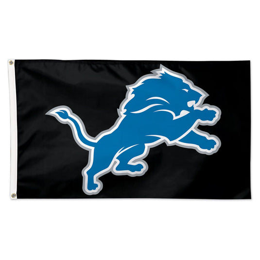 Deluxe 3x5 Detroit Lions NFL Sport Flag on a black background, featuring the team's iconic leaping blue lion logo with a silver outline.