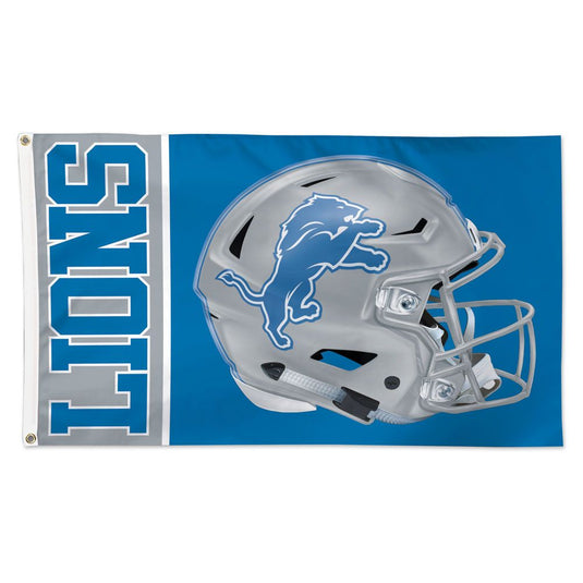 Deluxe 3x5 Detroit Lions NFL Helmet Flag, featuring the team's silver helmet with a blue lion logo against a blue field, and a vertical 'LIONS' text bar on the hoist side.
