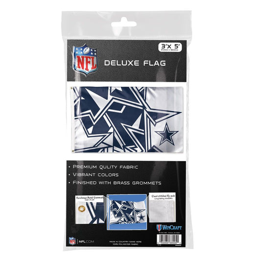 Packaging view of the NFL Deluxe 3x5 Flag, showing the features like premium quality fabric and brass grommets, with a sample of a Dallas Cowboys flag printed on the packaging.