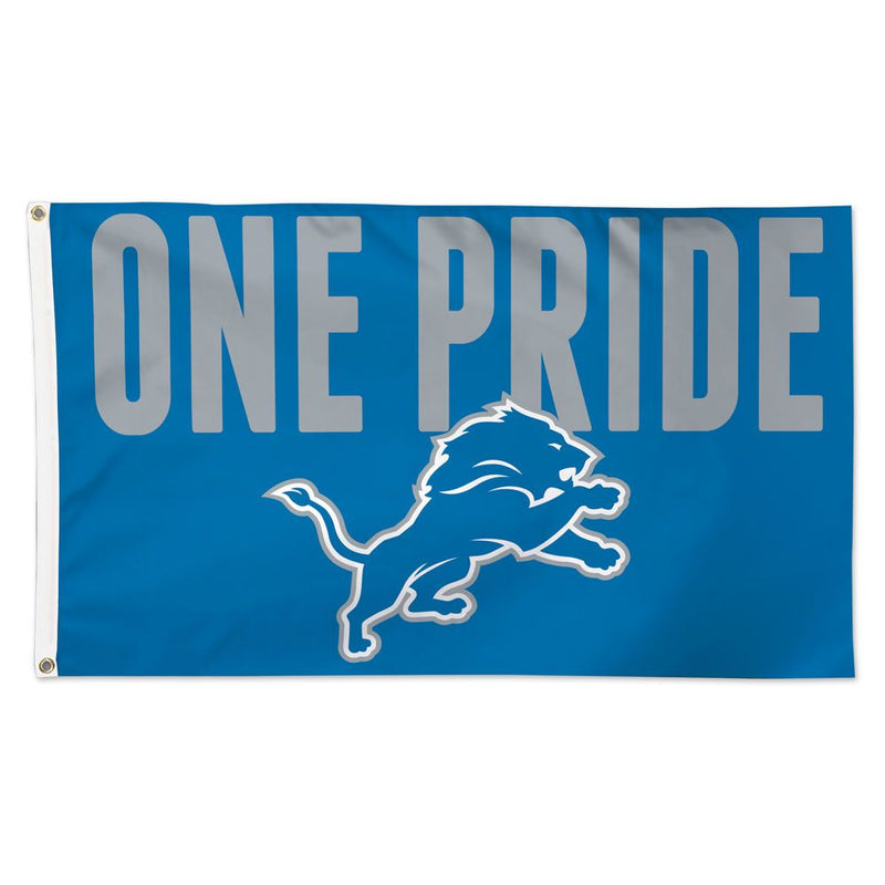 Load image into Gallery viewer, Deluxe 3x5 Detroit Lions Slogan NFL Sport Flag on a royal blue field, featuring the silver text "ONE PRIDE" above the team's leaping lion logo.
