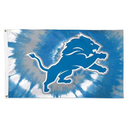 Deluxe 3x5 Detroit Lions Tie Dye NFL Flag, featuring a blue and grey spiral tie-dye background centered with the team's leaping blue lion logo.