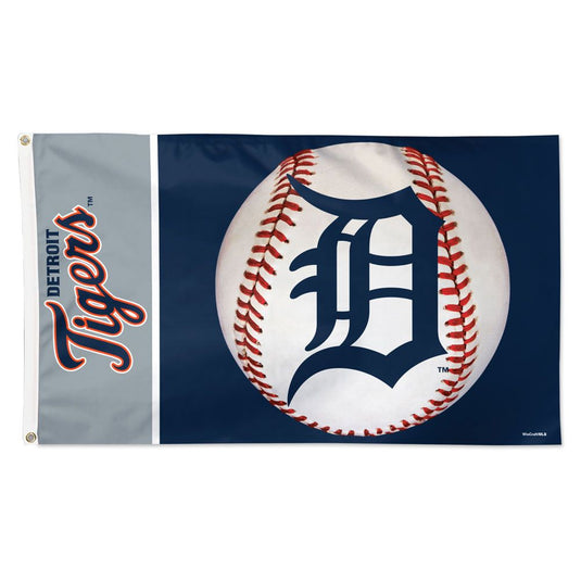 Deluxe 3x5 Detroit Tigers MLB Sport Flag featuring the navy blue 'D' logo superimposed on a baseball, next to a vertical grey bar with the 