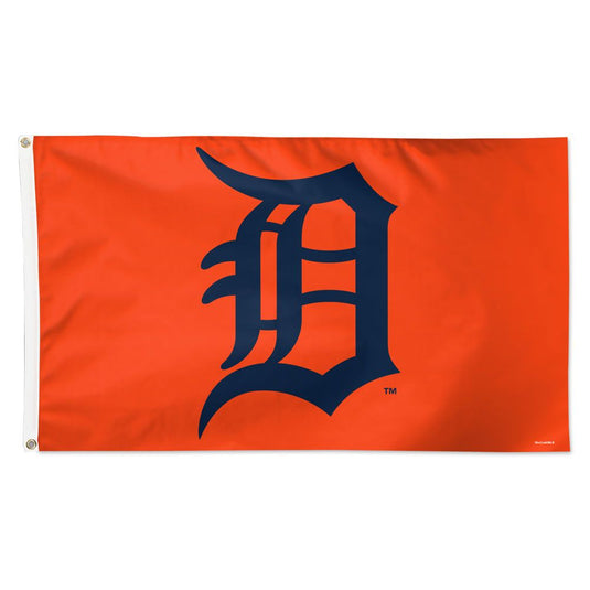 Deluxe 3x5 Detroit Tigers MLB Sport Flag on a solid orange field, centered with the team's official navy blue Old English 'D' logo.