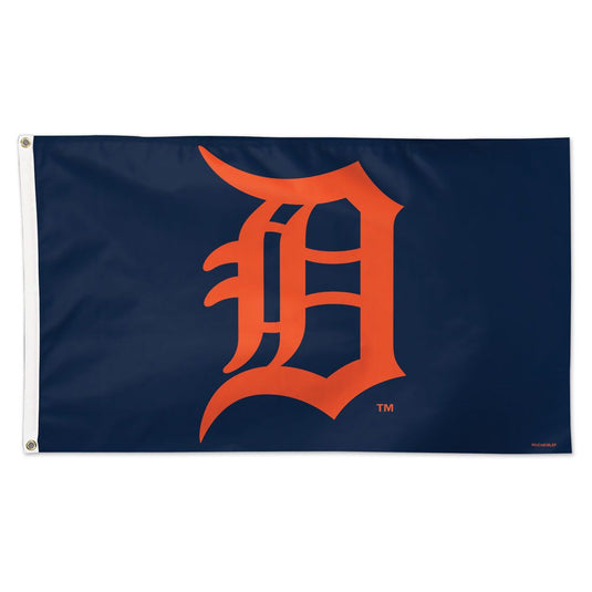 Deluxe 3x5 Detroit Tigers MLB Sport Flag on a navy blue field, featuring the team's large, centered orange Old English 'D' logo.