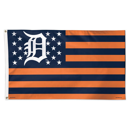 Deluxe 3x5 Detroit Tigers Patriotic MLB Sport Flag, designed after the American flag with orange and navy blue stripes, and a canton featuring the white Old English 'D' logo surrounded by stars.
