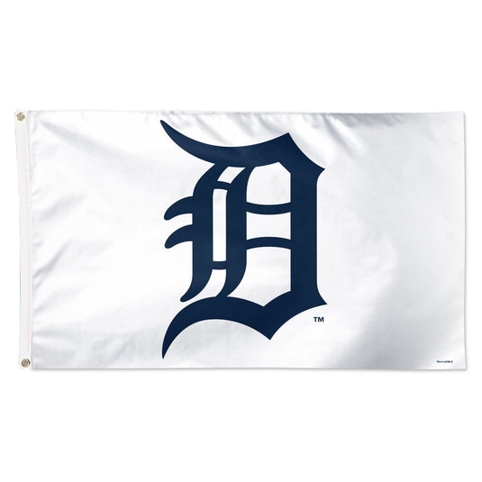Deluxe 3x5 Detroit Tigers MLB Sport Flag on a white background, centered with the team's large navy blue Old English 'D' logo.