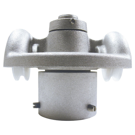 Front view of the heavy-duty Double Pulley Revolving Cap Style Flagpole Truck (RTC-2) for external halyard systems. The silver cast-metal truck features a spinning cap design with two visible white nylon pulleys for smooth rope operation and two exposed set screws at the base for securing it to the flagpole.