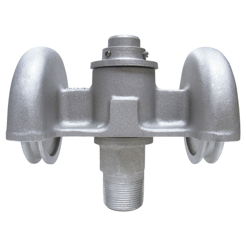 Load image into Gallery viewer, Front view of the heavy-duty, silver-cast Double Pulley Revolving Flagpole Truck (HDT-2) for external halyard systems. The truck has two large wheel housings and a thick, threaded spindle extending from the bottom for securing the truck onto the flagpole.
