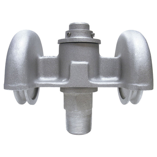 Front view of the heavy-duty, silver-cast Double Pulley Revolving Flagpole Truck (HDT-2) for external halyard systems. The truck has two large wheel housings and a thick, threaded spindle extending from the bottom for securing the truck onto the flagpole.