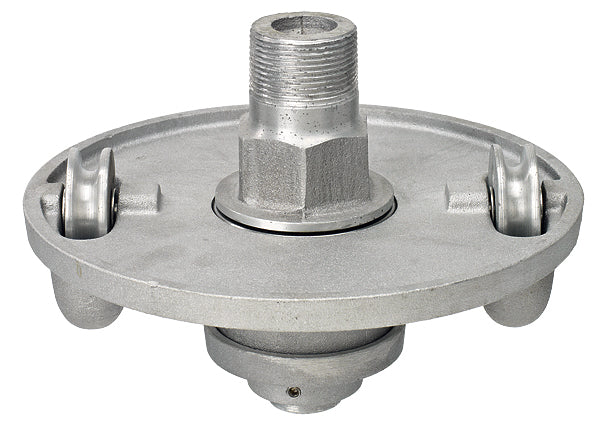Load image into Gallery viewer, Bottom view of the revolving flagpole truck showing internal pulley components and mounting threads for secure installation.
