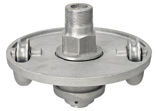 Bottom view of the revolving flagpole truck showing internal pulley components and mounting threads for secure installation.