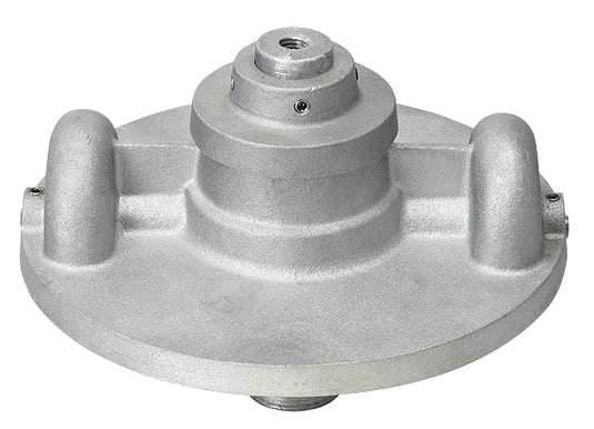 Top-down view of the aluminum double pulley flagpole truck, highlighting the central threaded section and pulley housings.
