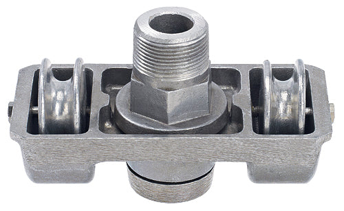 Bottom view of the U.S.-made double pulley revolving flagpole truck showing dual pulley alignment and threaded mounting design for secure attachment.