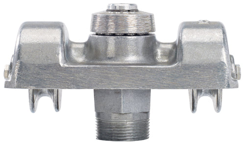 Front view of the made-in-USA double pulley revolving flagpole truck for external halyard systems, featuring a heavy-duty aluminum body with smooth rotation housing.
