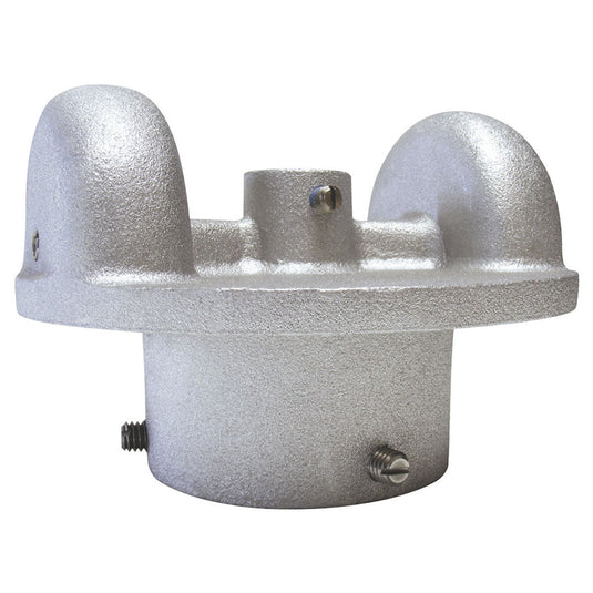 Side view of the Double Pulley Stationary Flagpole Truck ST-32 for external halyard systems, featuring a cast aluminum body with dual pulleys and set screws for secure mounting.