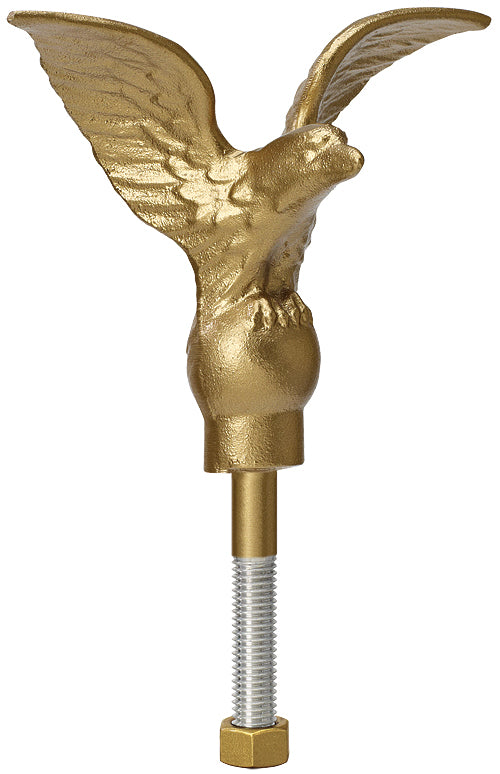 Detailed view of the Gold Powder-Coated Metal Eagle Flagpole Ornament (finial). The majestic, textured eagle is shown with wings spread and features a durable gold finish, mounted on a long, threaded silver stud with a brass-colored hex nut base for secure attachment.