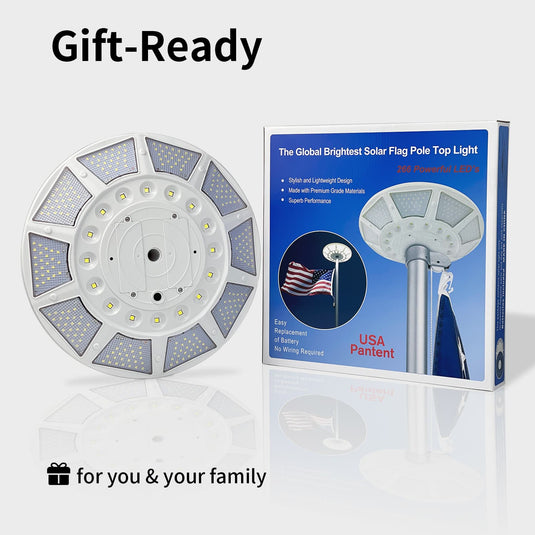 Gift-ready Elite Deluxe Solar Disk Light with retail packaging box, showing product highlights, bright LED array, and USA patent labeling.