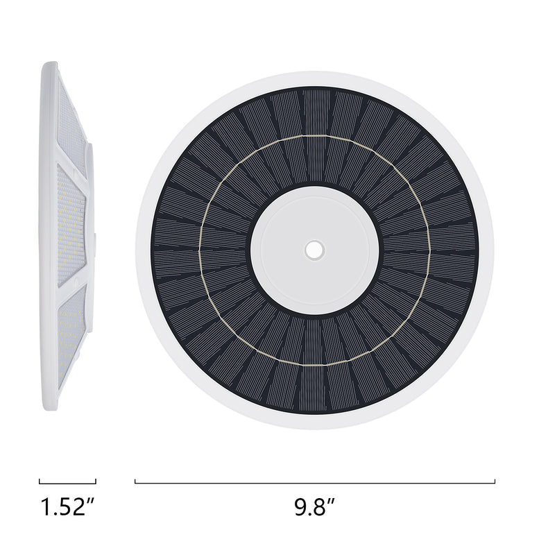Load image into Gallery viewer, Elite Solar Flagpole Disk Light dimensions display with 9.8-inch diameter and 1.52-inch thickness, featuring solar panel design.
