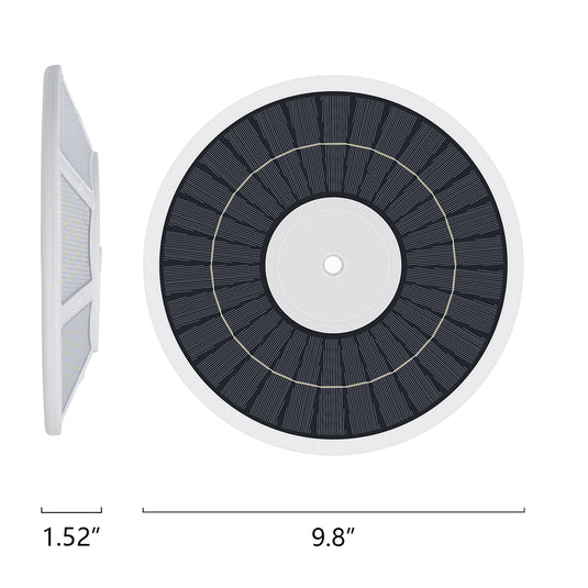 Elite Solar Flagpole Disk Light dimensions display with 9.8-inch diameter and 1.52-inch thickness, featuring solar panel design.
