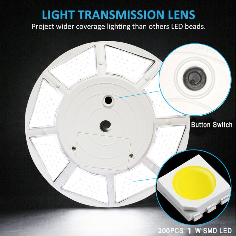Load image into Gallery viewer, Close-up of Elite Solar Flagpole Disk Light showing 200 SMD LED layout, button switch, and light transmission lens for wide coverage.
