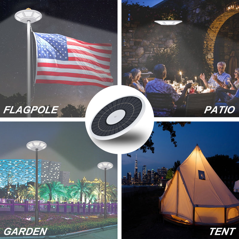 Load image into Gallery viewer, Elite Solar Flagpole Disk Light shown in multiple uses including flagpole, patio, garden, and tent illumination.
