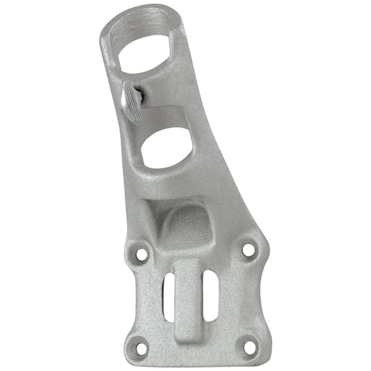 Single EWC Aluminum Bracket with a durable silver-cast finish, designed for flagpoles. The bracket features two angled mounting positions, a curved design, and a prominent thumbscrew for securely locking the flag pole in place.