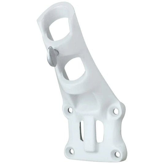Single EWC Aluminum Bracket in a bright white powder-coated finish. This curved flagpole bracket includes five bolt holes for wall mounting, two holes for angled flag display, and a silver thumbscrew for adjustment.
