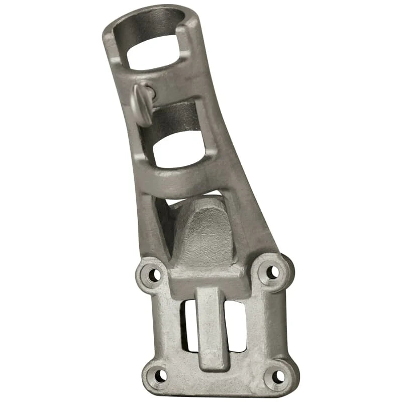 Load image into Gallery viewer, Single EWC Stainless Steel Bracket with a durable, textured matte finish. This cast-metal flagpole bracket features two angled pole positions, a sturdy mounting plate with four bolt holes, and an integrated thumbscrew.
