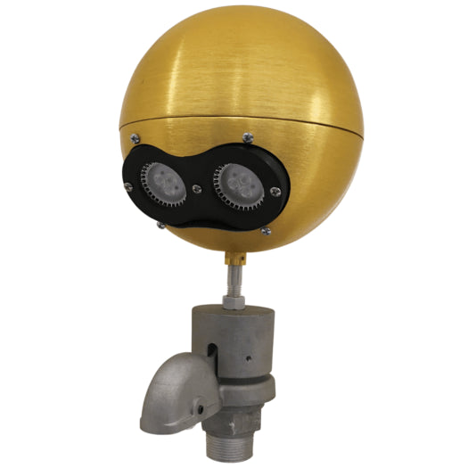 Load image into Gallery viewer, Close-up of the Made in the USA external halyard beacon truck light in a gold-anodized finish, showing the spherical head with two LED lights and the fixed-pulley base.
