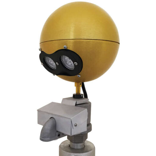 Gold-finished external halyard beacon truck light on a silver pulley system, viewed at a slightly higher angle, showcasing the aluminum construction.