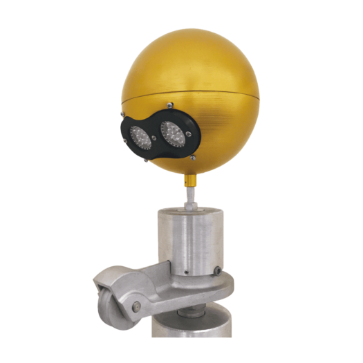 Gold-finished beacon truck light for external halyard flagpoles, mounted on a silver revolving truck (pulley system) with an illuminated head.