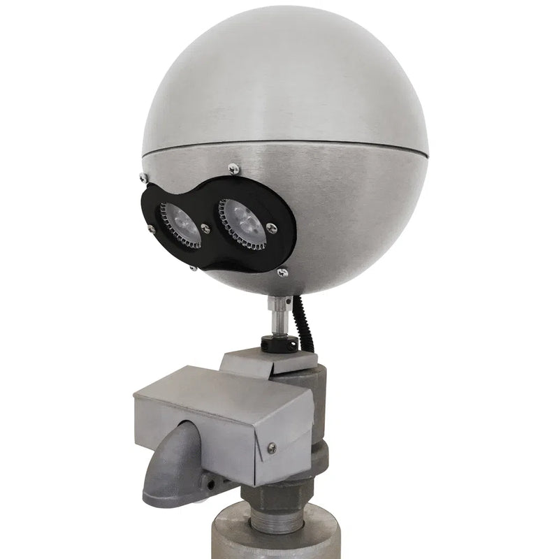 Load image into Gallery viewer, Silver-finished external halyard beacon truck light with a fixed-pulley base, showing the weatherproof aluminum head and exposed wiring harness.
