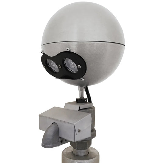 Silver-finished external halyard beacon truck light with a fixed-pulley base, showing the weatherproof aluminum head and exposed wiring harness.
