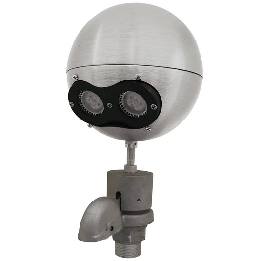 Silver beacon truck light for external halyard flagpoles, featuring two recessed LED lights and a fixed-pulley truck base.