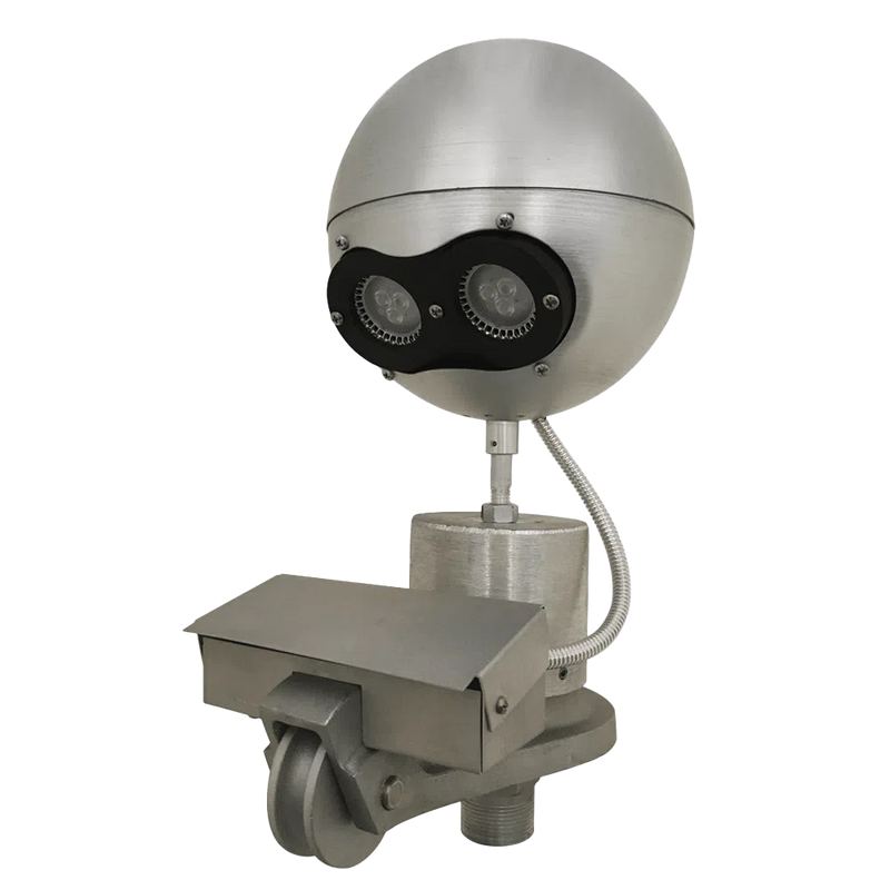 Load image into Gallery viewer, Silver beacon truck light with two powerful LEDs, shown mounted on a base that includes a swivel pulley and a rain cover for the halyard rope.
