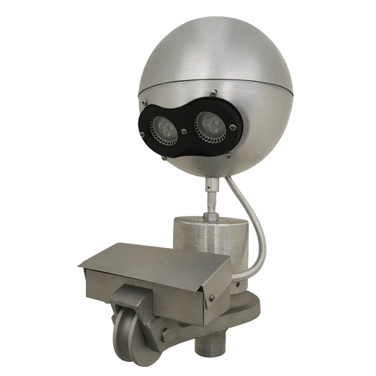 Silver beacon truck light with two powerful LEDs, shown mounted on a base that includes a swivel pulley and a rain cover for the halyard rope.
