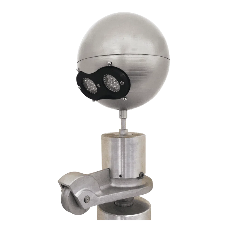 Load image into Gallery viewer, Silver-finished aluminum external halyard beacon truck light with two bright LEDs, mounted atop a revolving pulley truck.
