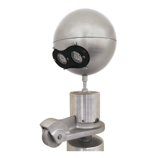 Silver-finished aluminum external halyard beacon truck light with two bright LEDs, mounted atop a revolving pulley truck.