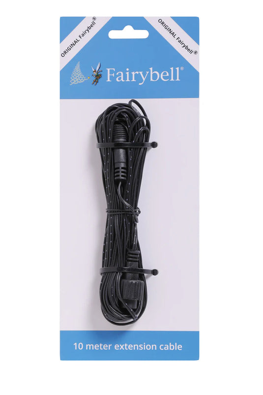 Retail packaging for the Fairybell 33-foot (10-meter) Extension Cable. The packaging is blue and white, showing the coiled black power cord secured with cable ties and clearly labeled with the Fairybell brand and 