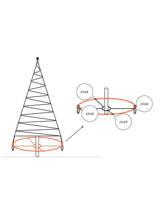 Installation diagram for the Fairybell Flex Bottom Cross, showing how the flexible orange cross frame attaches to the base of a flagpole and connects to the bottom ring of the 20', 25', or 33' flagpole light tree structure with labeled 