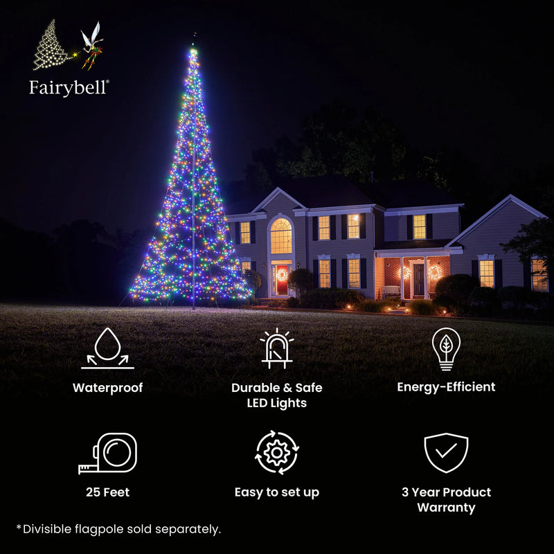 Load image into Gallery viewer, Large Fairybell Flagpole Christmas Tree Light display next to icons listing features: Waterproof, Durable, Energy-Efficient, 25 Feet, Easy to set up, and 3-Year Warranty.
