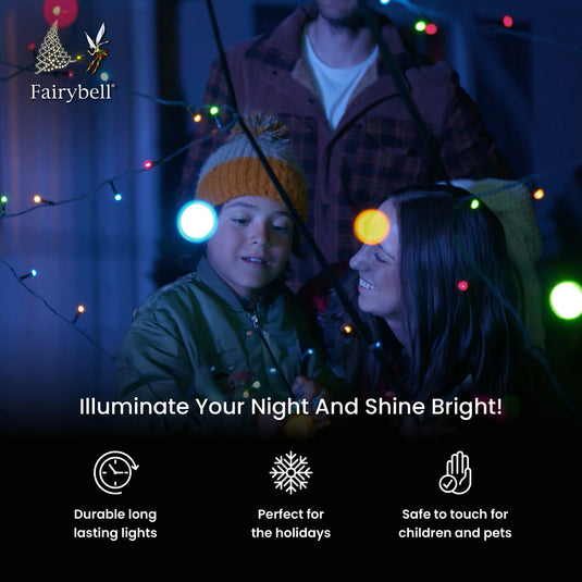Family viewing the lights, overlaid with three icons detailing the durable, holiday, and child-safe features of the Fairybell Flagpole Christmas Tree Light.