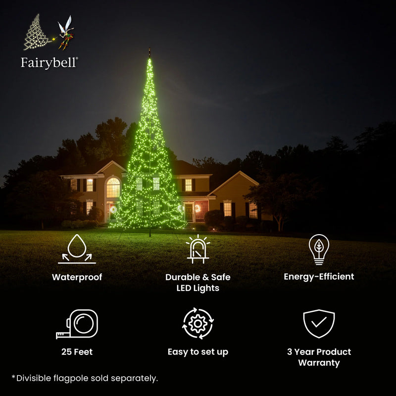 Load image into Gallery viewer, Green illuminated Fairybell Flagpole Christmas Tree Light next to icons listing key features: Waterproof, Durable, Energy-Efficient, 25 Feet, Easy set up, and 3-Year Warranty.
